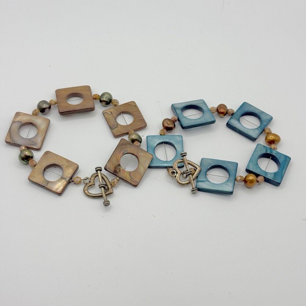 Bracelet Lot (2) Square Beads Toggle Close Blue Brown